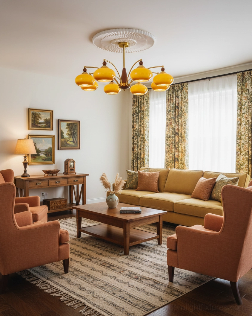 Calliope vintage 3-light chandelier showing full product profile - mid-century design with warm glass finish