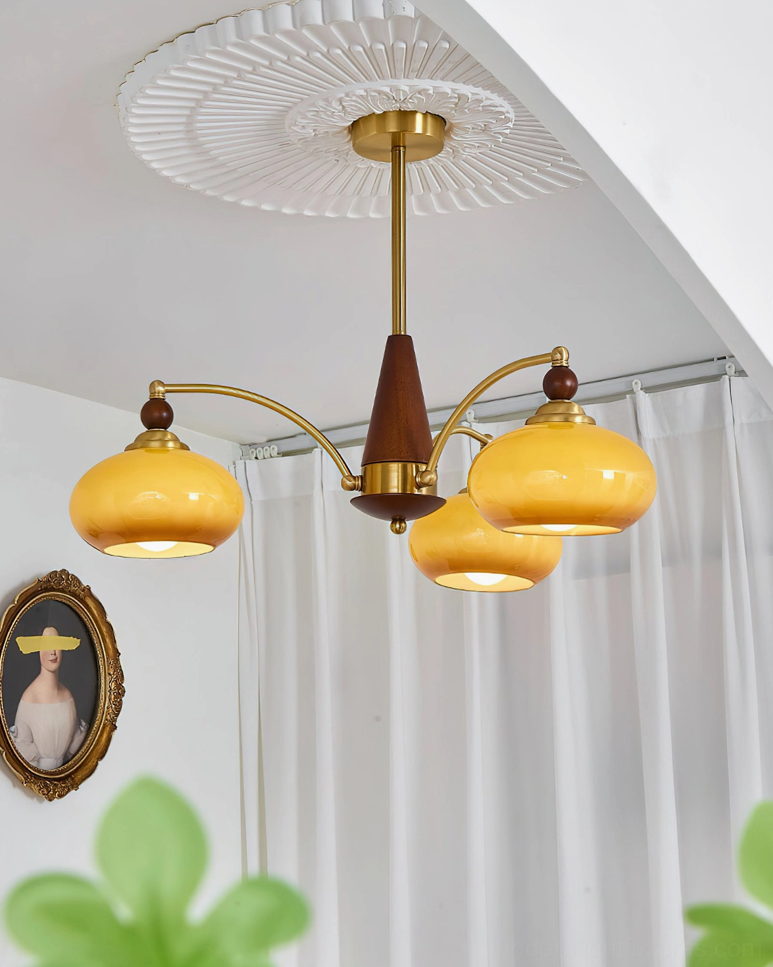 Calliope 5-head chandelier angled view showing arm distribution and hanging rod configuration