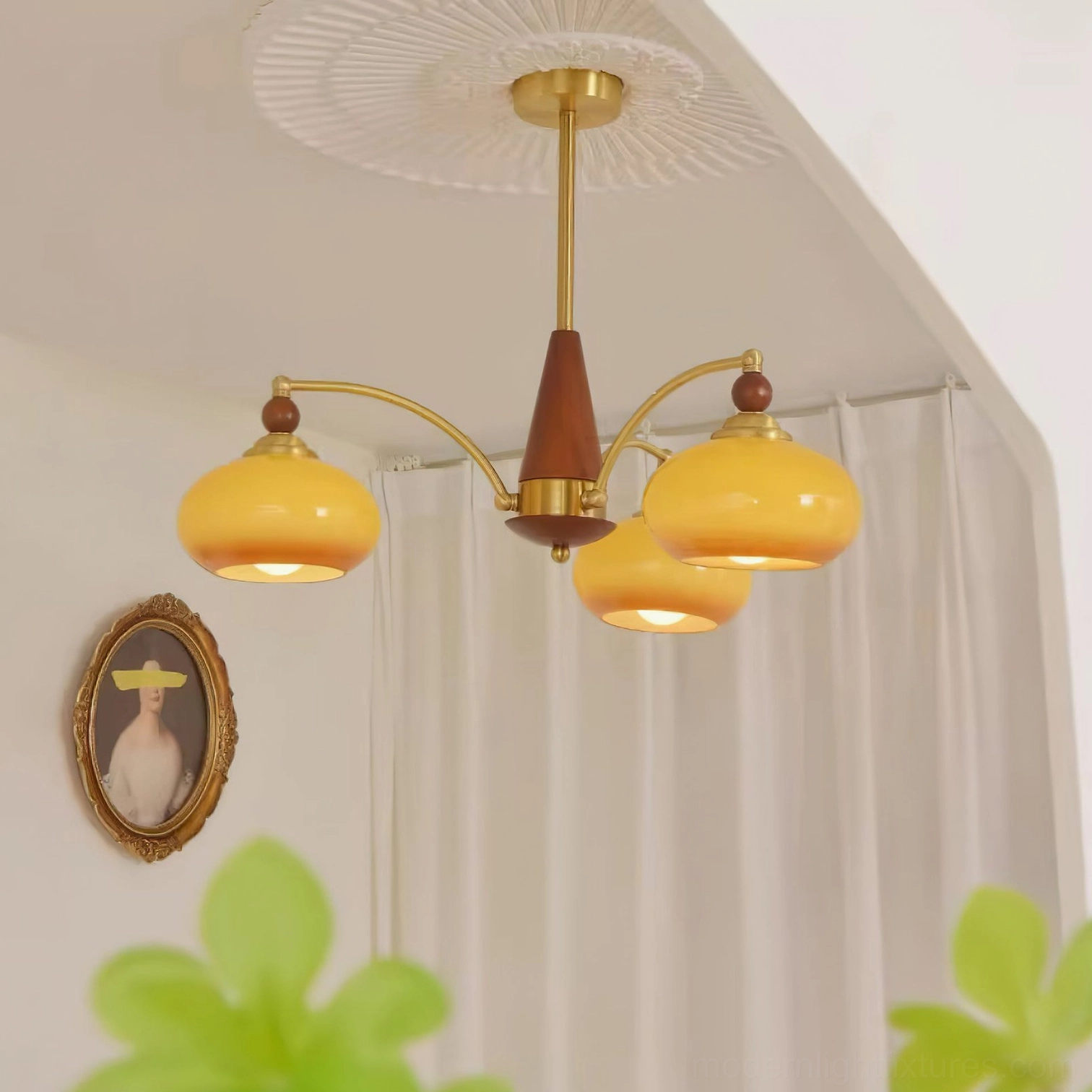 Calliope 5-light retro pendant light bottom-up view - showing glass shade interior and bulb socket area