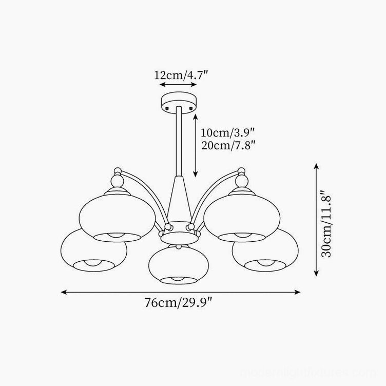 Calliope 5-light chandelier technical schematic - orthographic drawing with measurements 76cm width and 30cm height