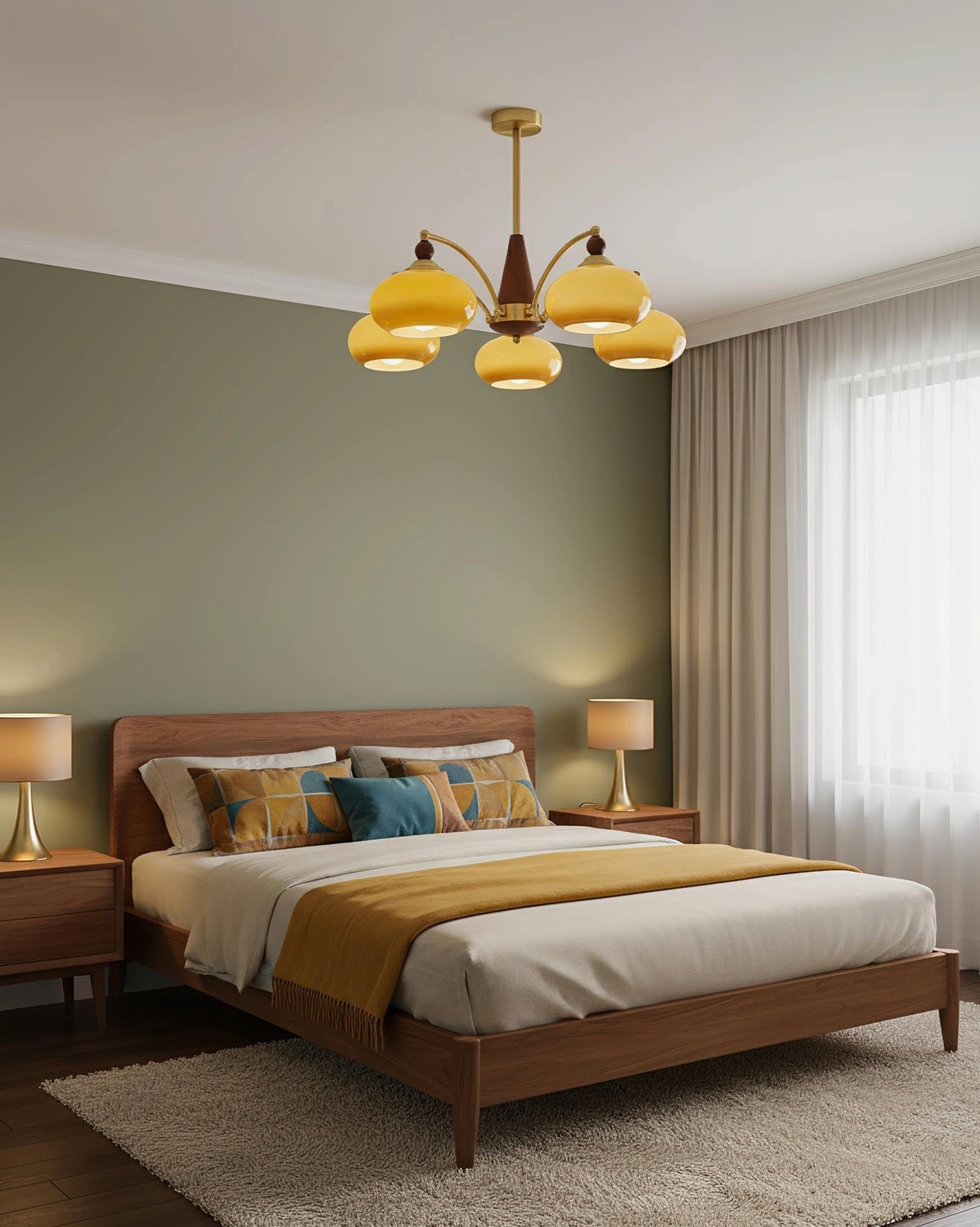 Calliope 5-light chandelier detail view showing brass metal frame and warm glass shade configuration