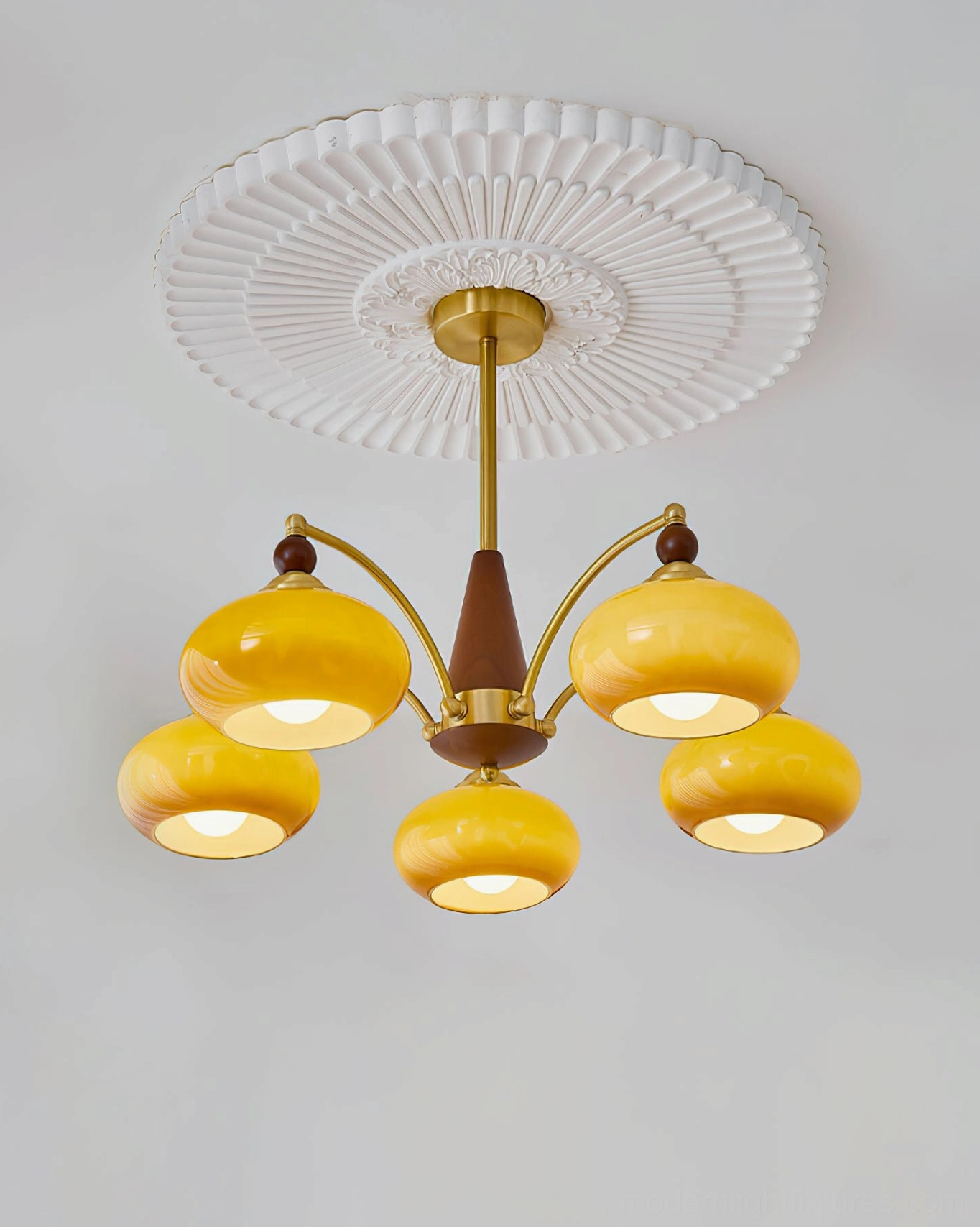 Calliope 5-light retro pendant showing full assembly - brass and wood construction visible