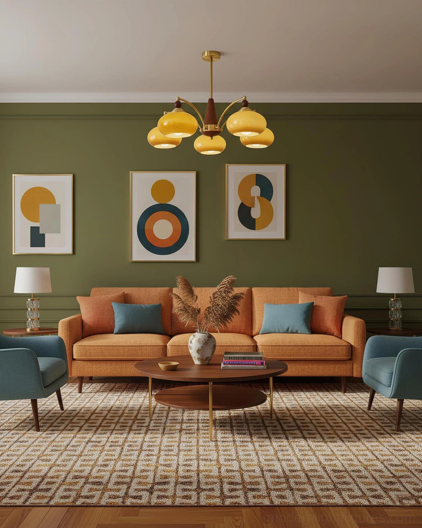 Retro Calliope 5-light chandelier shade detail - caramel colored glass dome showing light transmission and warmth