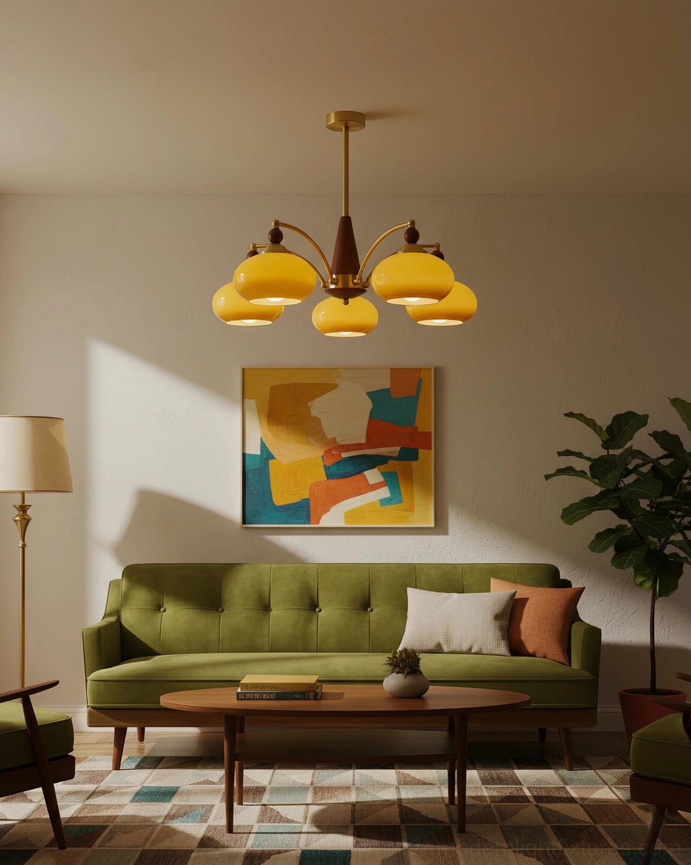 Calliope vintage 5-light chandelier hanging in modern living room with mid-century furnishings - warm amber light ambiance