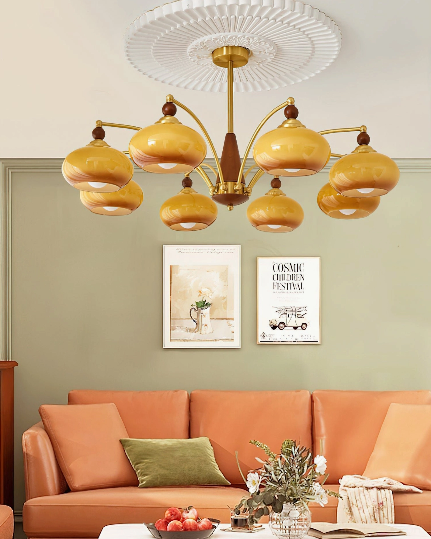 Calliope 5-light retro chandelier front view - symmetric arm configuration with warm glass shades