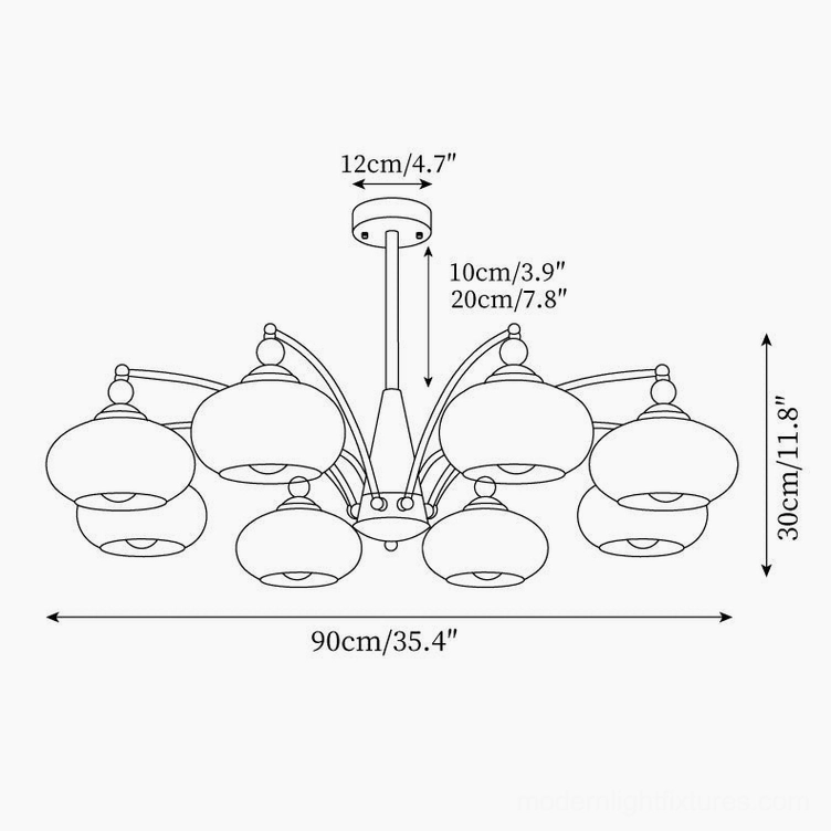 Retro Calliope 8-head large chandelier technical drawing - orthographic view with 90cm diameter and 30cm drop measurements