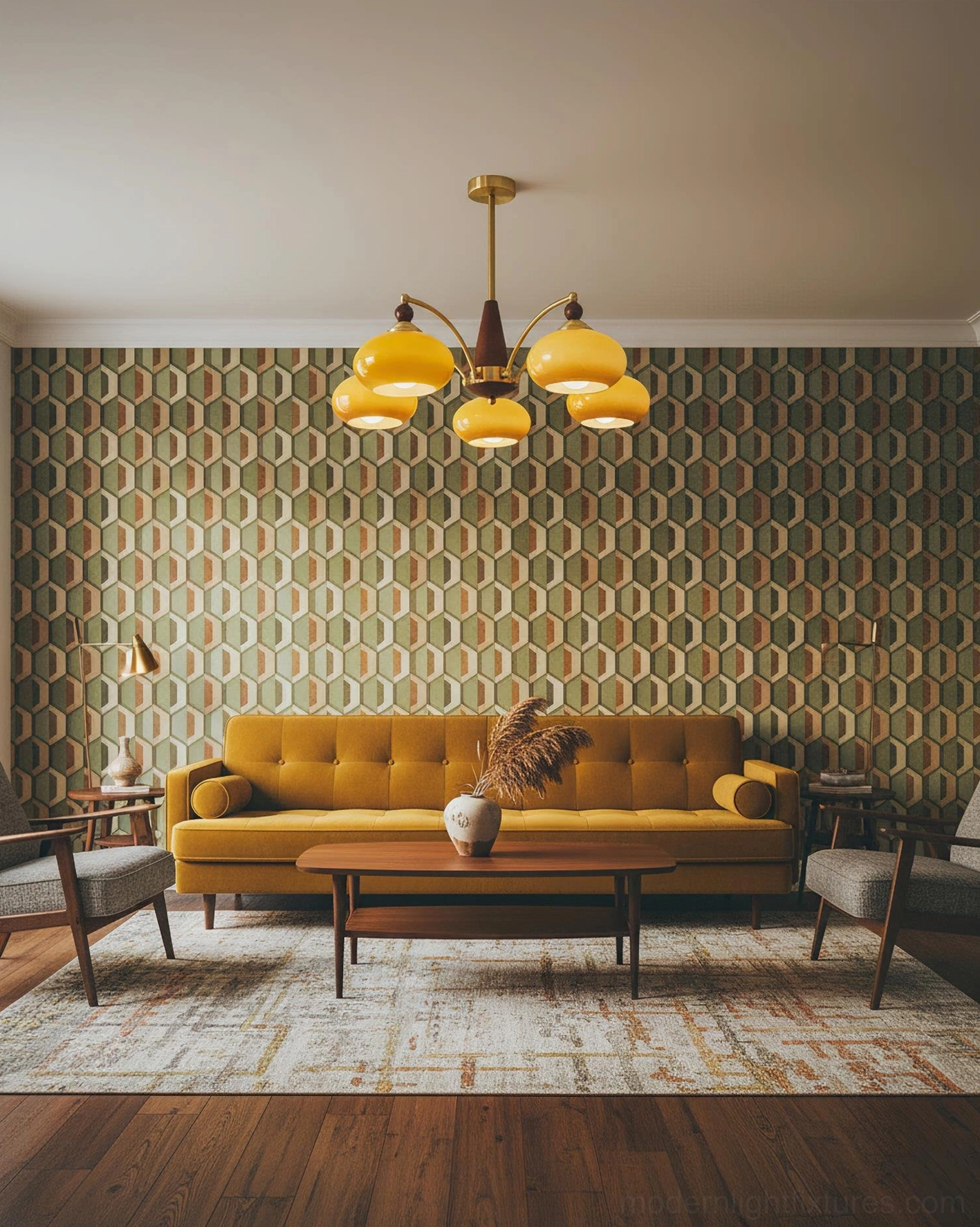 Calliope vintage 8-head pendant light showing complete arm structure and brass finish throughout