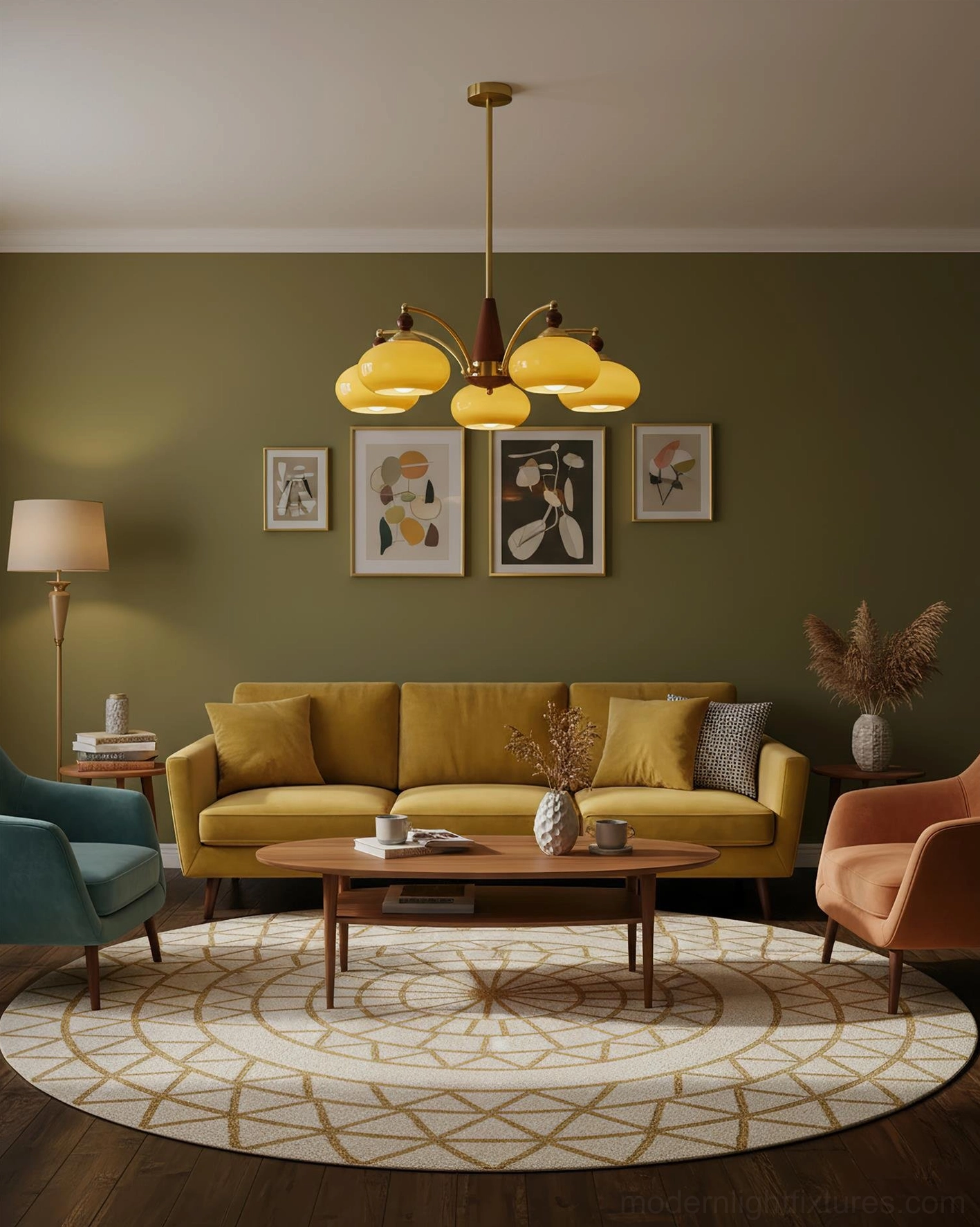 Retro Calliope 8-light chandelier frame assembly showing multiple brass arms and wood center component