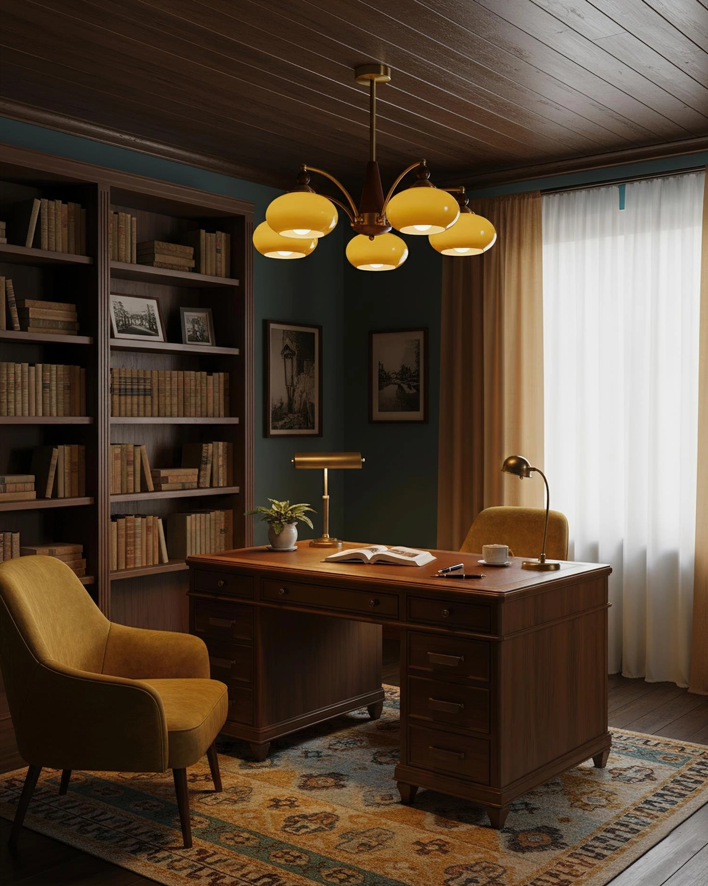 Retro Calliope chandelier close-up showing wood body component and brass arm construction details