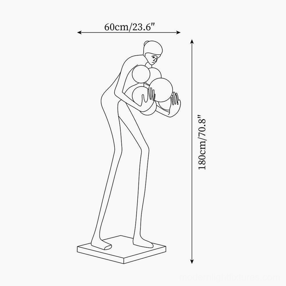 Calliope humanoid floor lamp dimension schematic technical drawing height width specifications minimalist line art