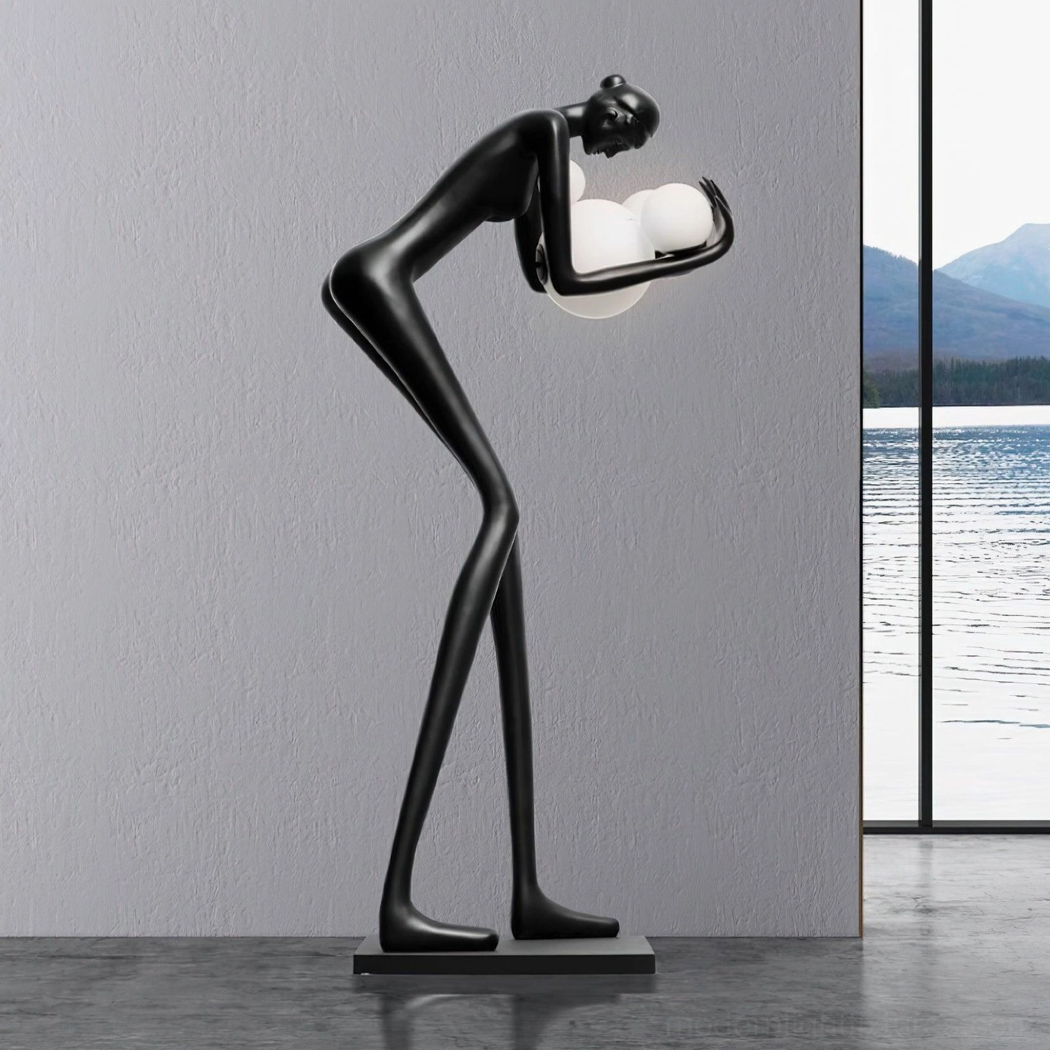 Calliope sculptural floor lamp humanoid figure black finish ambient illumination gallery art lighting installation design