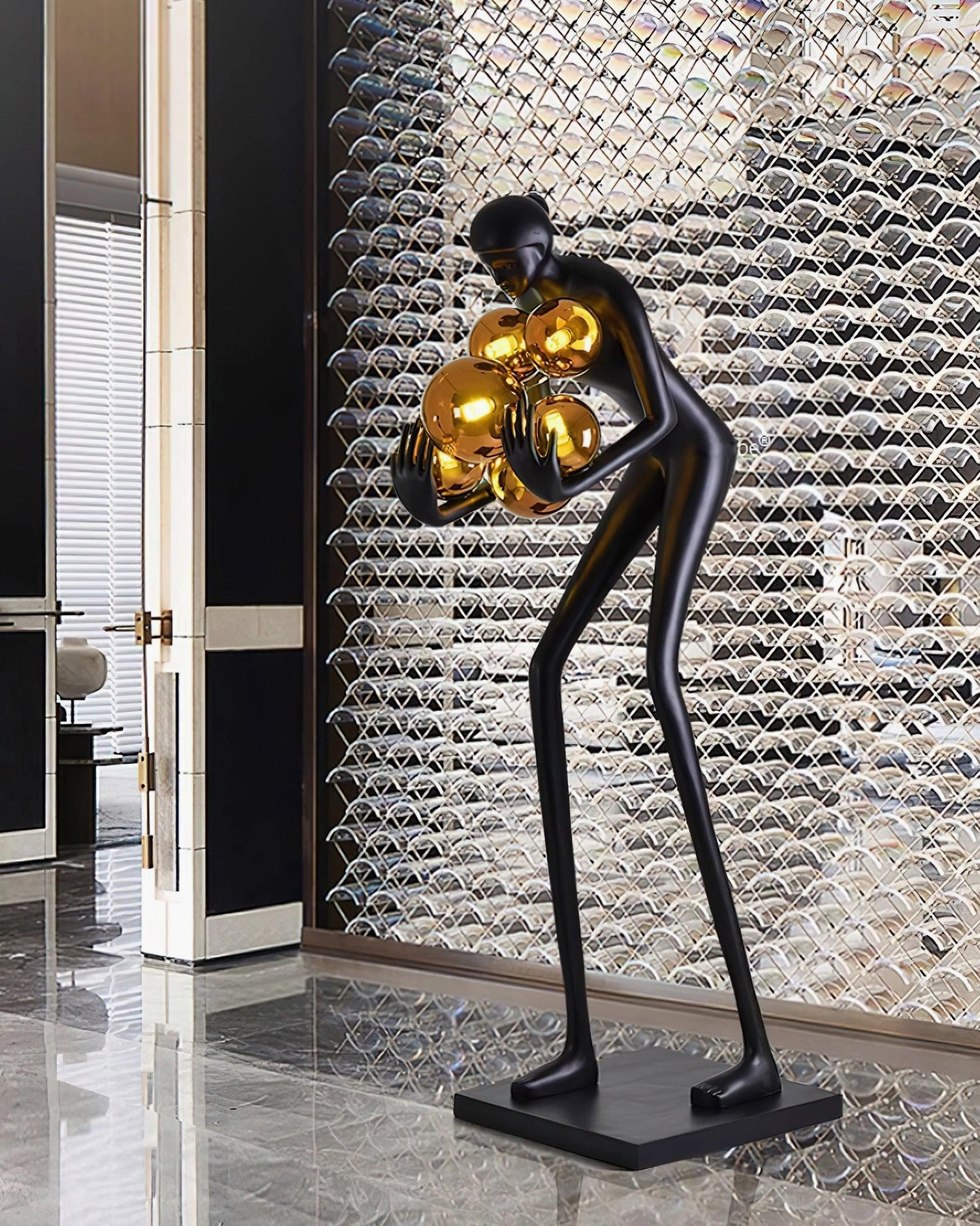 Calliope floor lamp three-quarter angle luxury hotel lobby gold electroplated sphere shades high-end interior design