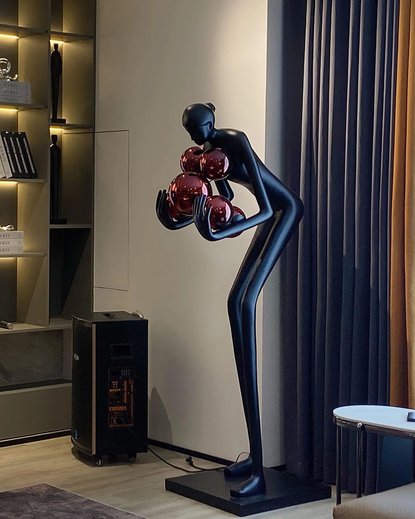 Calliope humanoid floor lamp front view luxury home red electroplated globe shades contemporary design