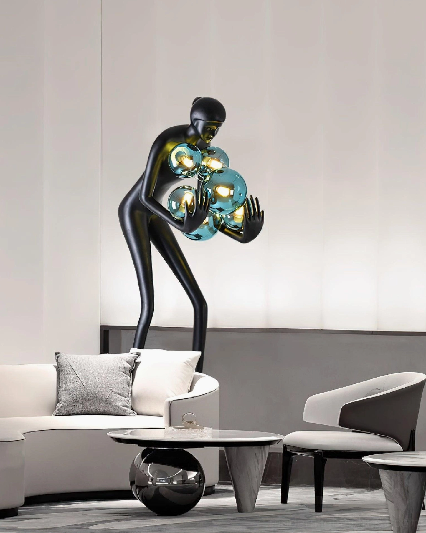 Calliope humanoid floor lamp artistic design resin body frosted glass globes modern minimalist lighting contemporary home