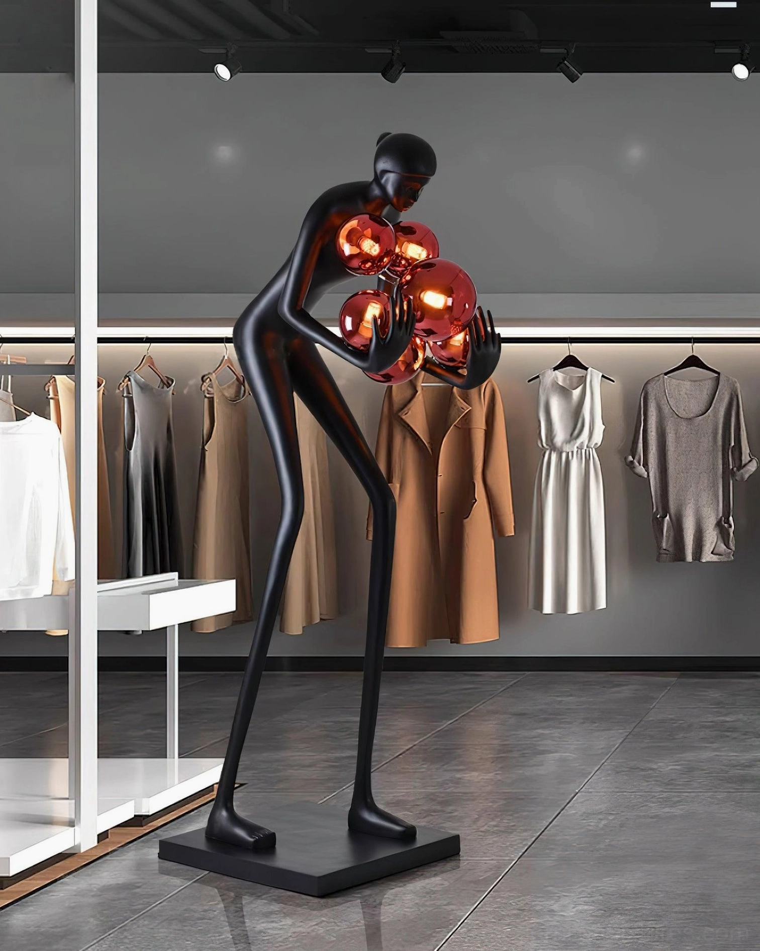 Calliope sculptural humanoid floor lamp fashion boutique retail display red electroplated globe lighting art installation