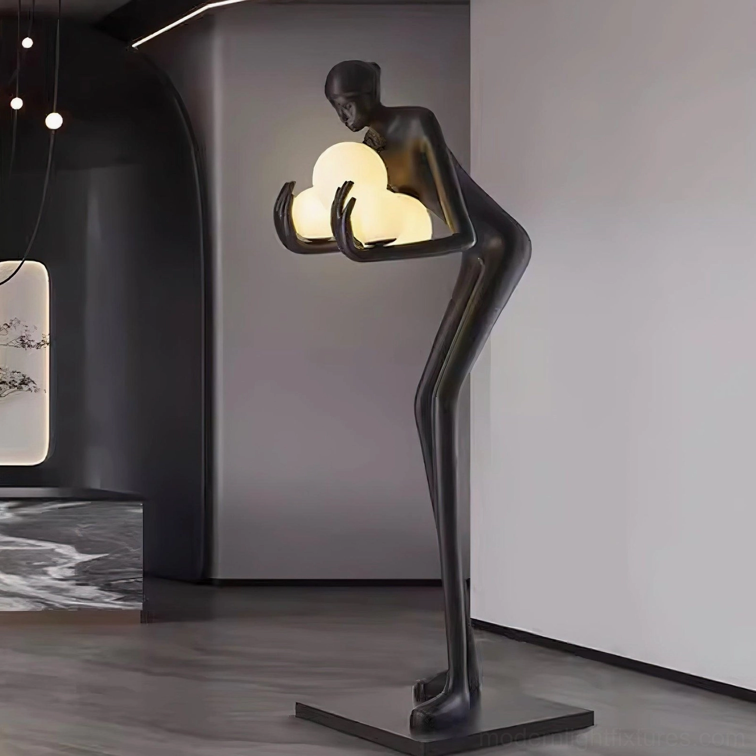 Calliope sculptural floor lamp three-quarter side angle warm ambient light residential interior design modern art lighting