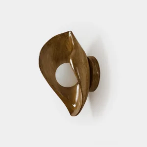Callora sculptural wall sconce with warm wood grain finish, front studio view showing curved organic cocoon design