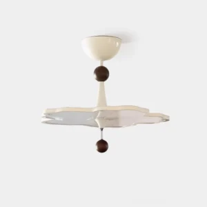 Calmeo modern ceiling light fixture with cream white and walnut brown two-tone design, sculptural LED flush mount from overhead view