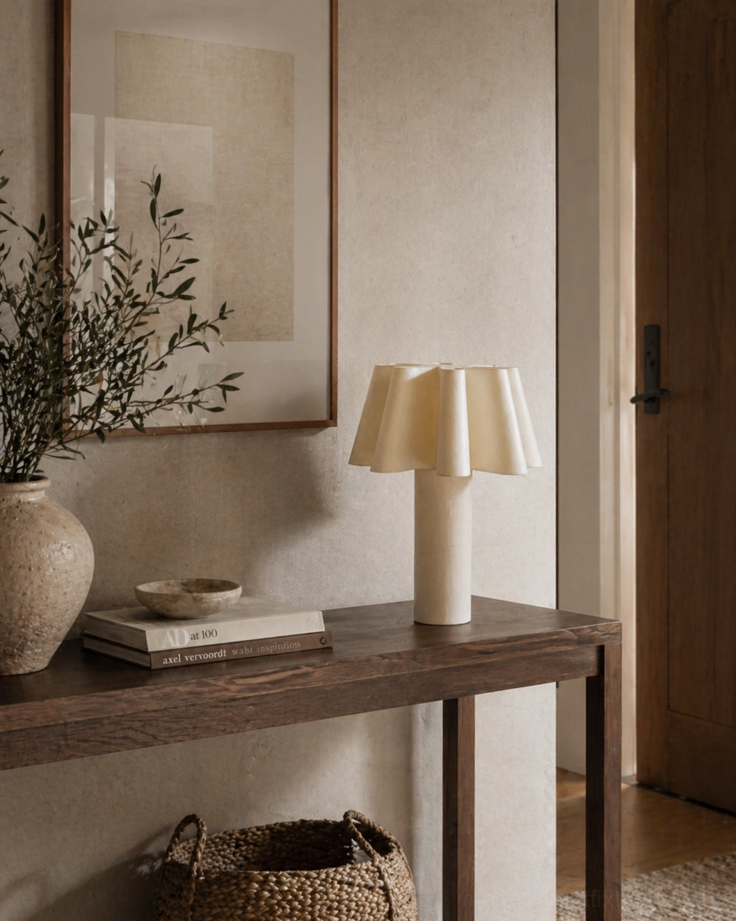 Calora table lamp hallway console narrow wooden surface foliage styling
