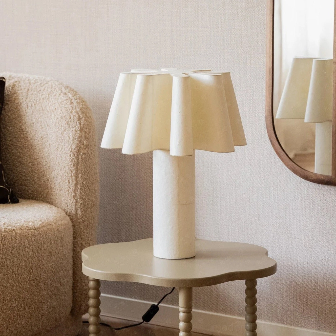 Calora minimalist table lamp cozy living room corner with curved mirror