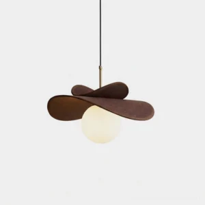Caluma raffia pendant light front view showing petal-shaped wood fins and frosted opal glass core with studio backdrop