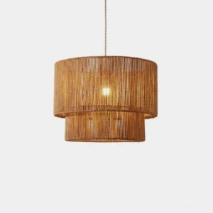 Caluna hand-woven jute pendant light with two-tier drum shade, close-up studio shot showing natural rope texture and weave pattern