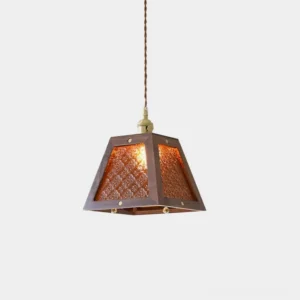 Calvi vintage glass pendant lamp with amber embossed shade and dark wood frame, frontal view against white wall