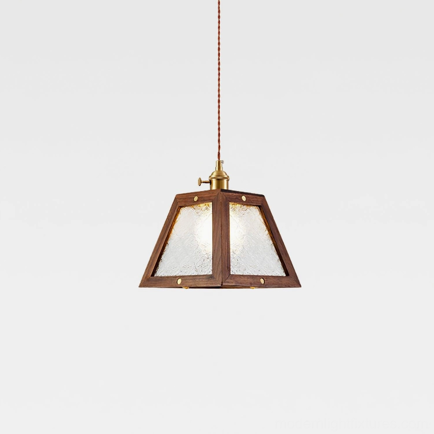 Calvi pendant lamp with clear frosted glass shade and walnut wood frame, minimalist flat view