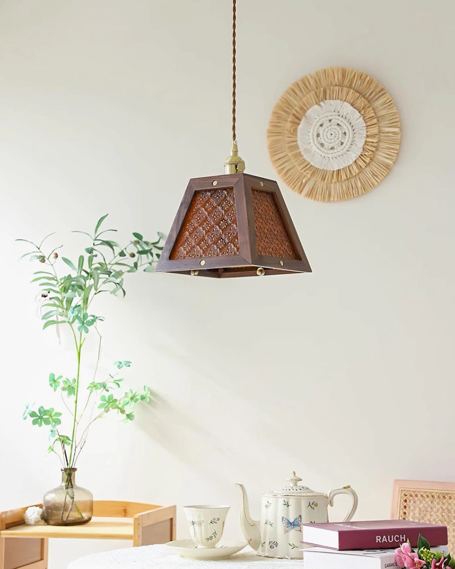 Handcrafted vintage pendant lamp with colored glass shade and solid wood frame construction