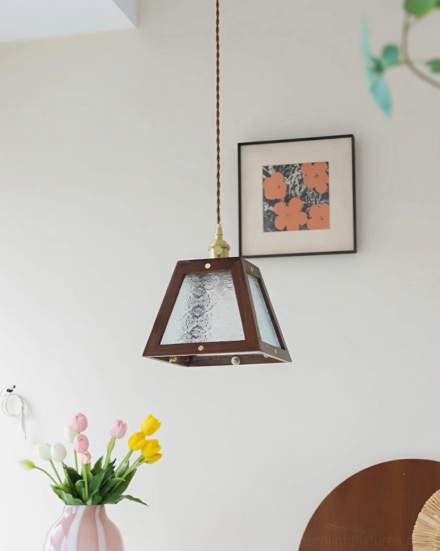Mid-century modern glass pendant lamp with embossed botanical pattern and wood frame