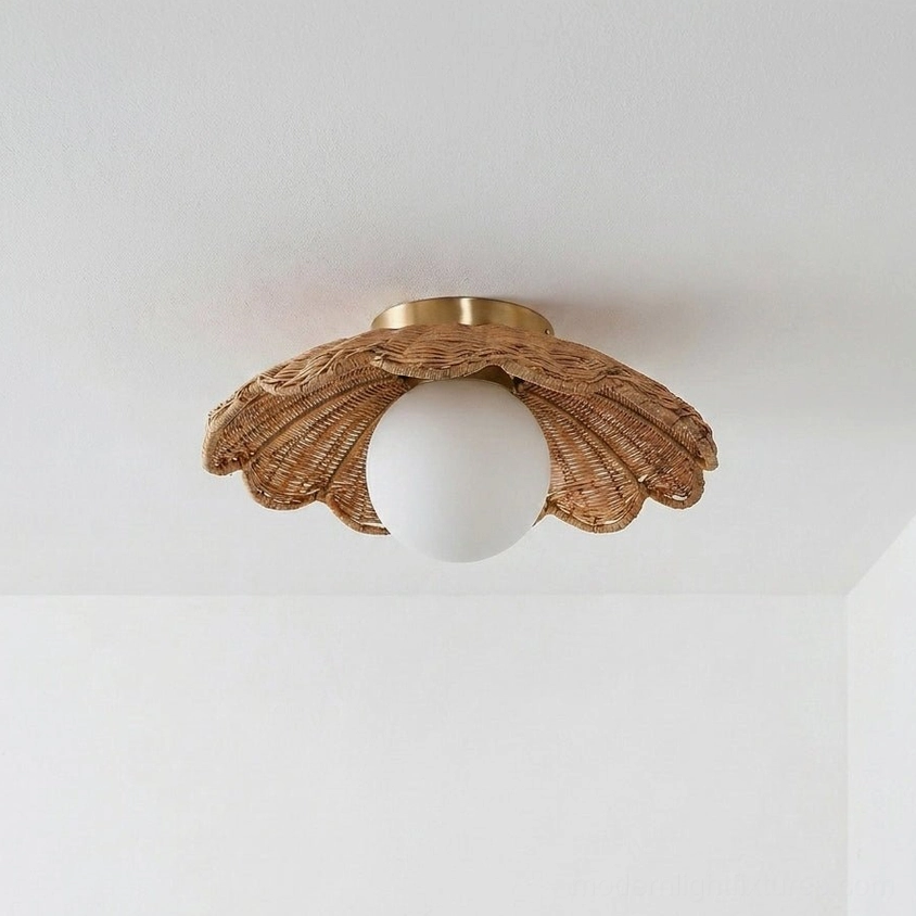 Calyra handwoven rattan flush mount ceiling light - gold and nature rattan variant with antique brass finish