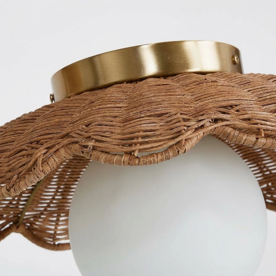 Calyra handwoven rattan scallop ceiling light with opal glass globe - product specifications and dimensions detail