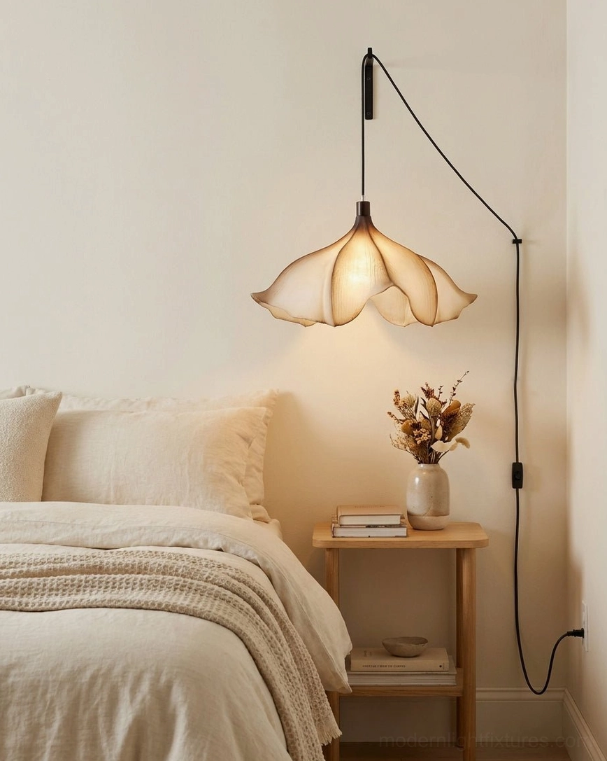 Calysa plug-in pendant light suspended above bedroom nightstand, providing warm layered lighting for reading and rest in wabi-sabi bedroom interior