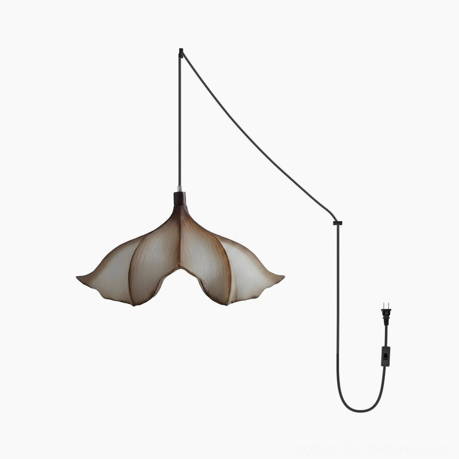 Calysa plug-in petal pendant light detail view with black power cord and plug assembly, showing molded PETG shade construction and warm gradient