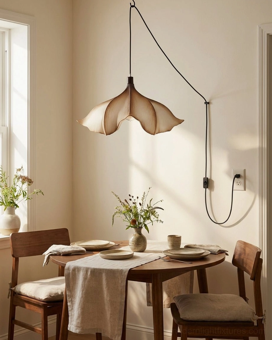 Calysa plug-in pendant light hung above rustic dining table in warm neutral interior, creating intimate ambient lighting for meal moments