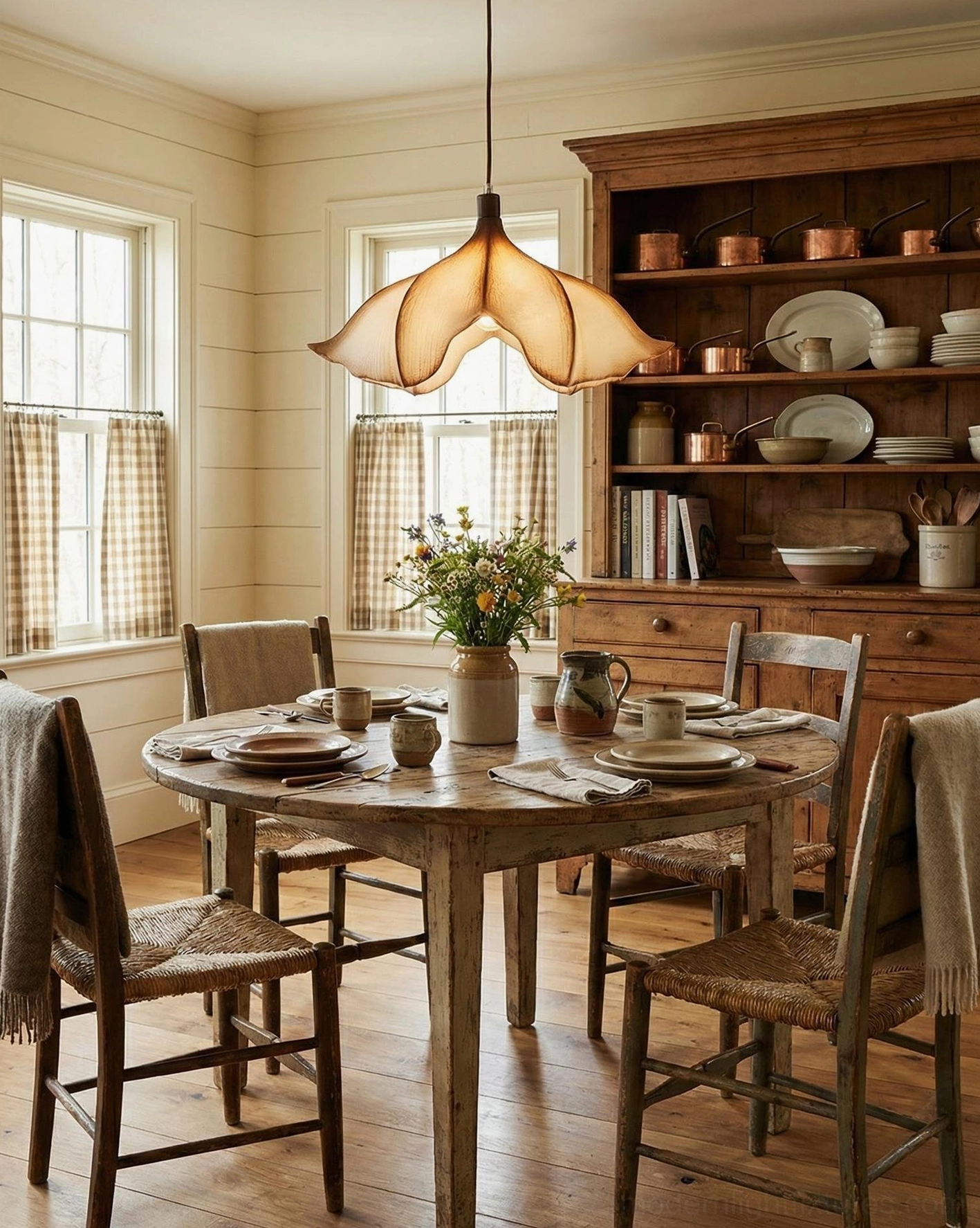Calysa sculptural petal pendant light illuminating rustic farmhouse wooden dining room with warm ambient glow