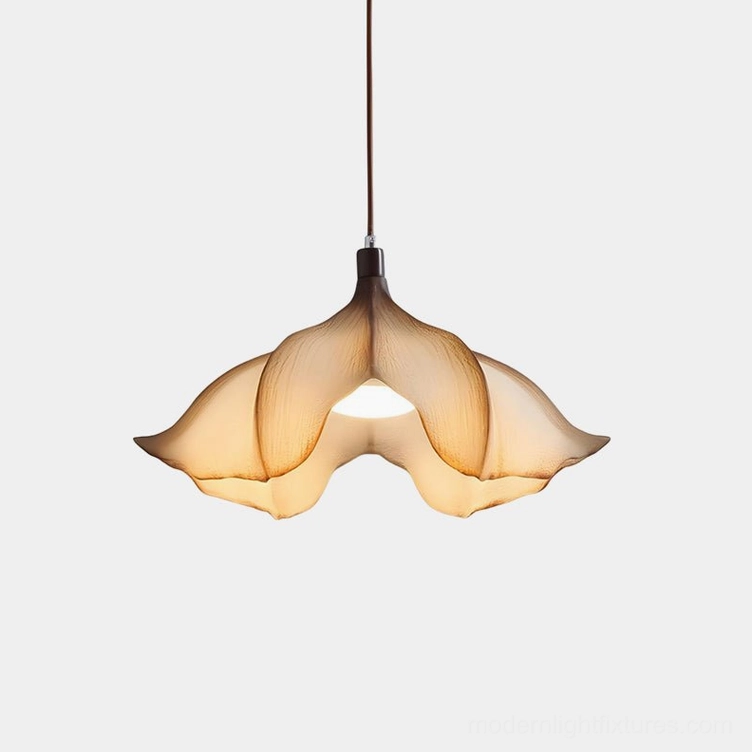Calysa petal pendant light close-up front view with warm beige PETG shade showing gradient amber tinting on white background