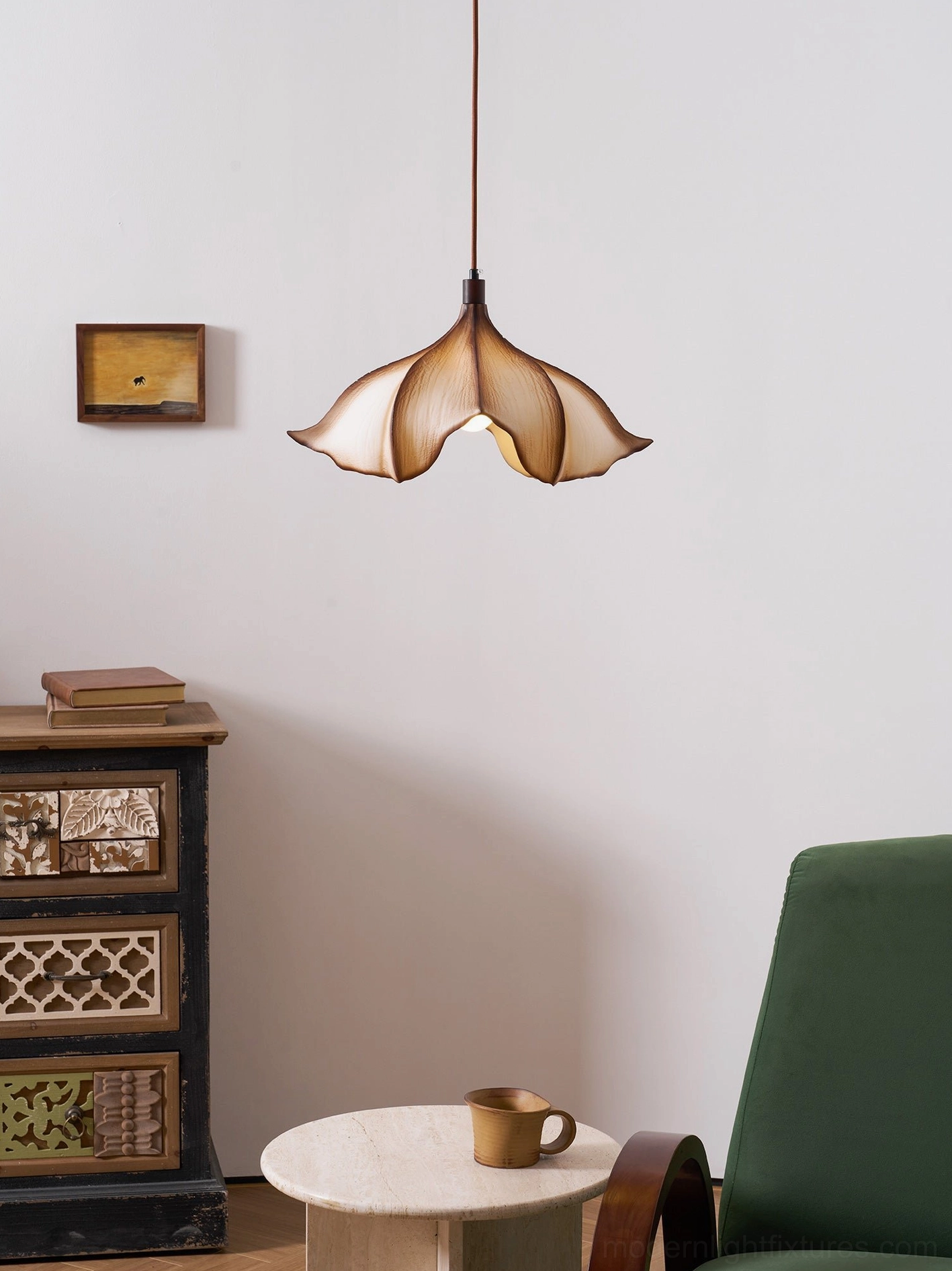 Calysa petal pendant light brown and beige color option detail showing PETG shade gradient tinting