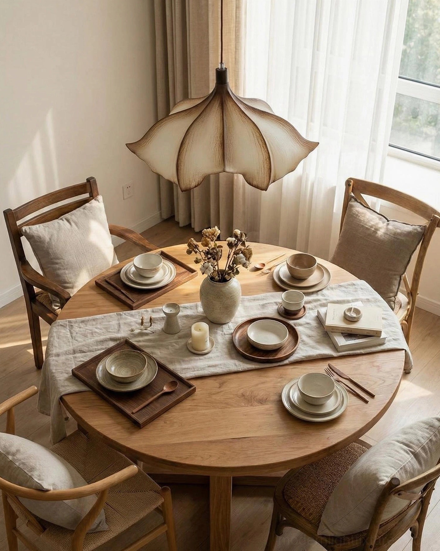 Calysa petal pendant fixture side angle view above casual dining area with warm linen table settings and natural sunlight