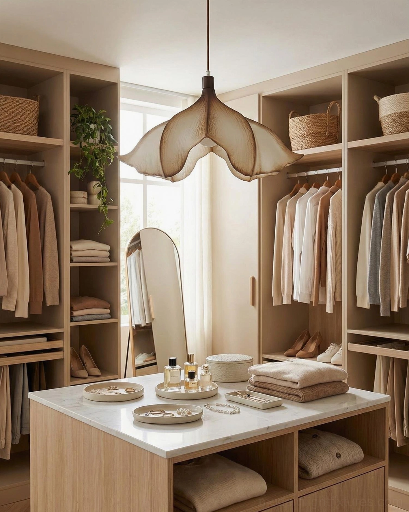 Calysa organic petal pendant lamp high-angle view in luxury walk-in wardrobe closet with warm beige boho aesthetic
