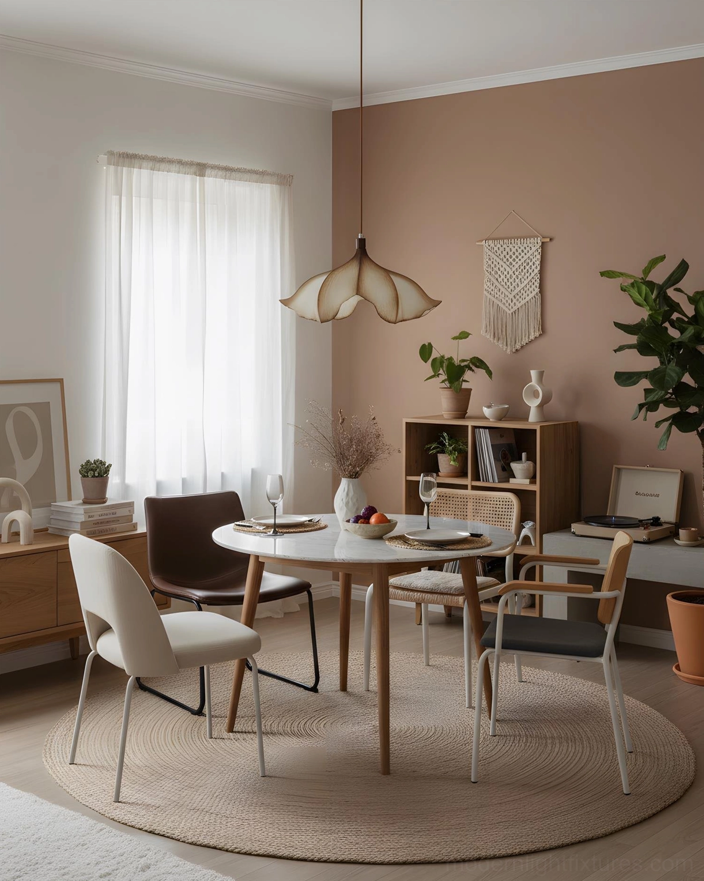 Calysa sculptural petal pendant light eye-level view in small modern dining nook with warm neutral minimalist boho style