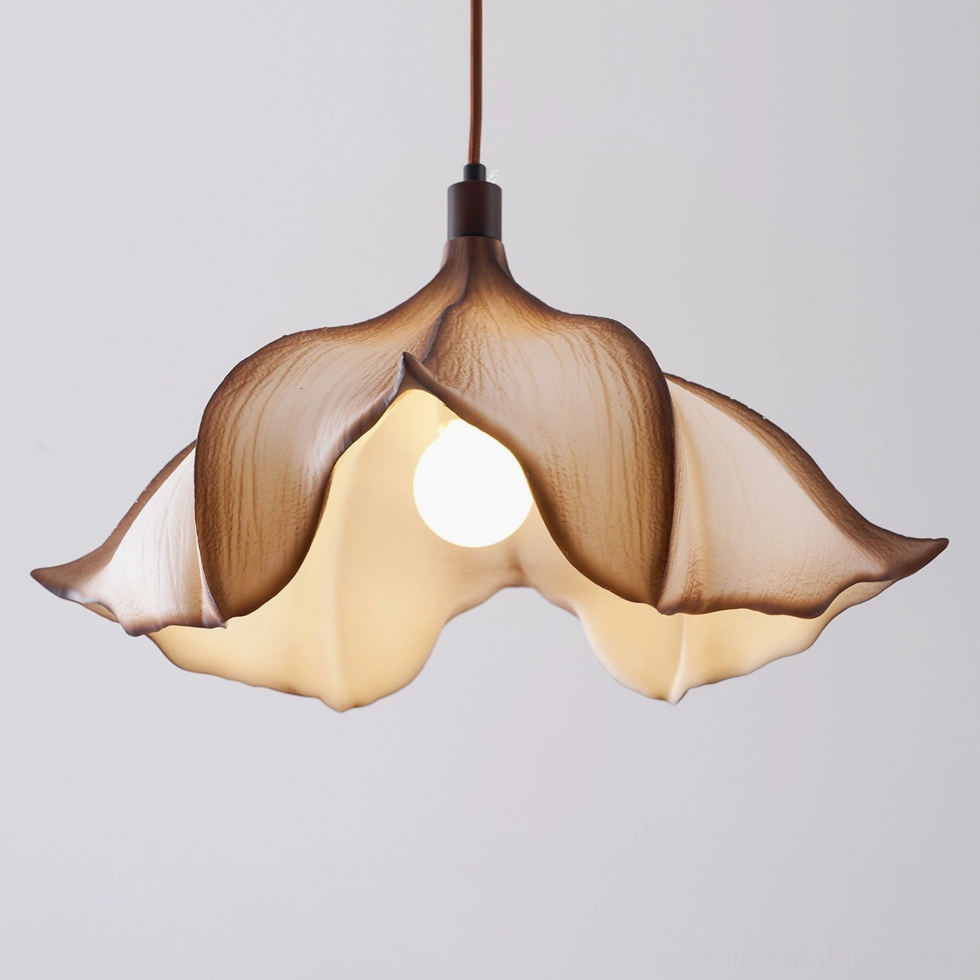 Calysa petal pendant lamp showing E26 E27 socket compatibility and hardwired installation specification