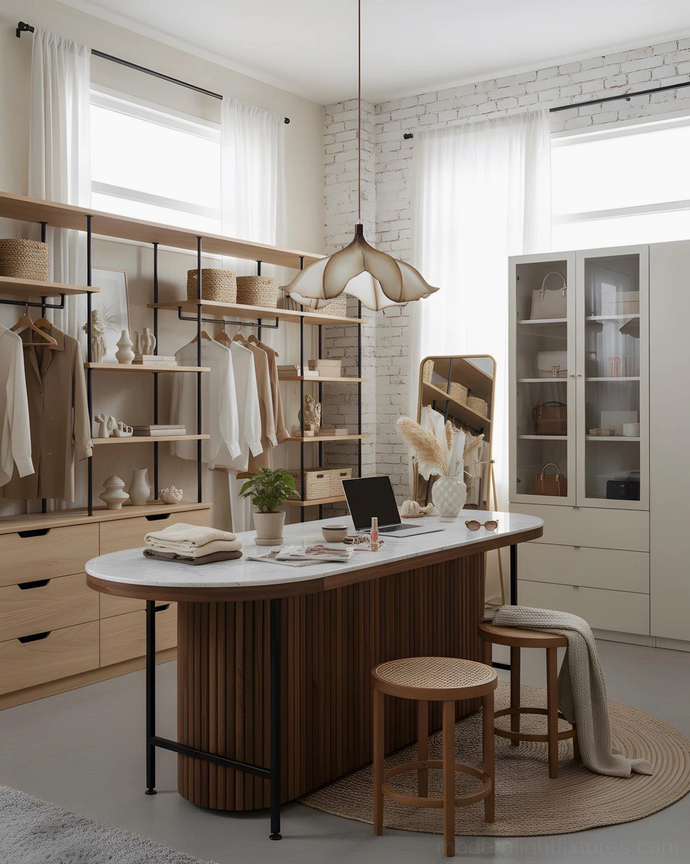 Calysa organic petal pendant light in modern walk-in closet office space with minimalist warm beige boho decor