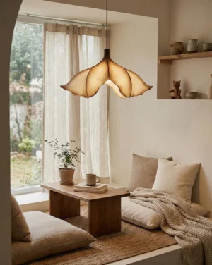 Calysa organic petal pendant lamp hanging in cozy bohemian window nook with warm neutral home decor and natural lighting