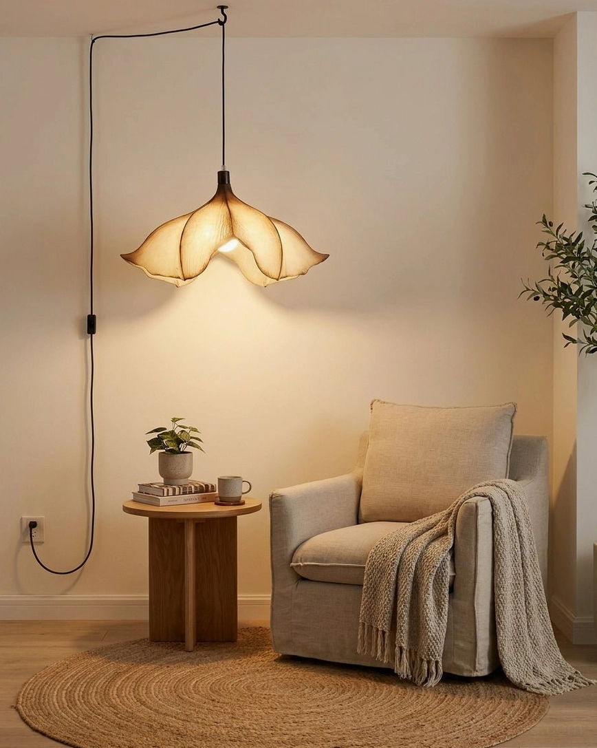 Calysa sculptural petal pendant light displayed in living room setting with cozy armchair and wooden side table, showcasing organic form from angle