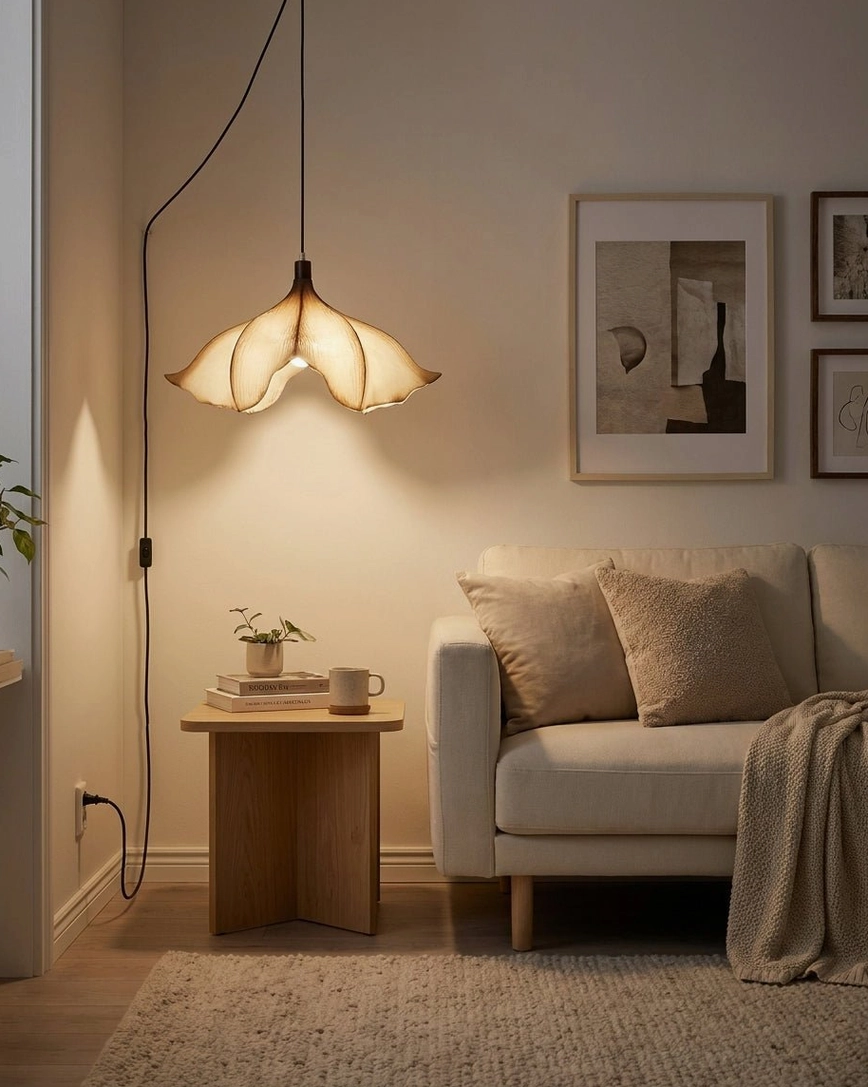 Calysa plug-in pendant light suspended in casual living room with neutral sofa, demonstrating flexible cord routing and placement versatility
