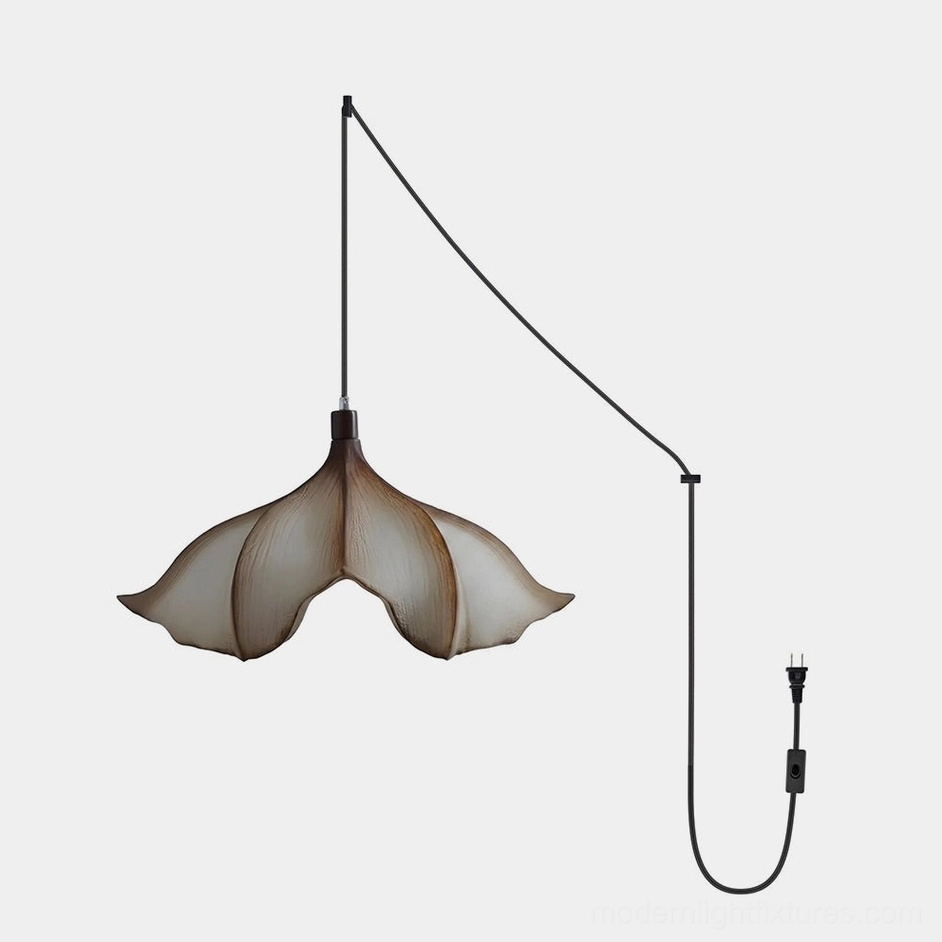 Calysa plug-in petal pendant light with sculptural PETG shade in warm beige and brown gradient, featuring black cord and US two-prong plug
