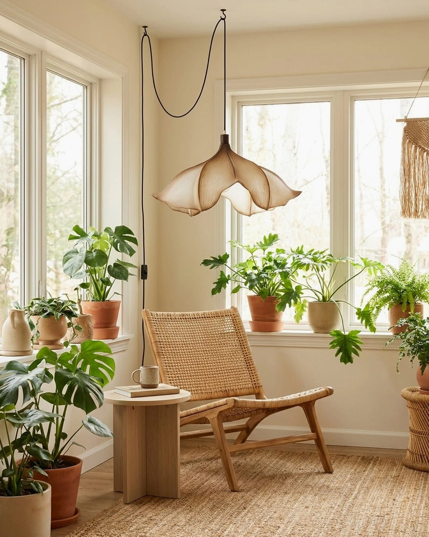 Calysa sculptural petal pendant light hung in sunlit window nook with rattan furniture and green plants, creating warm boho reading environment