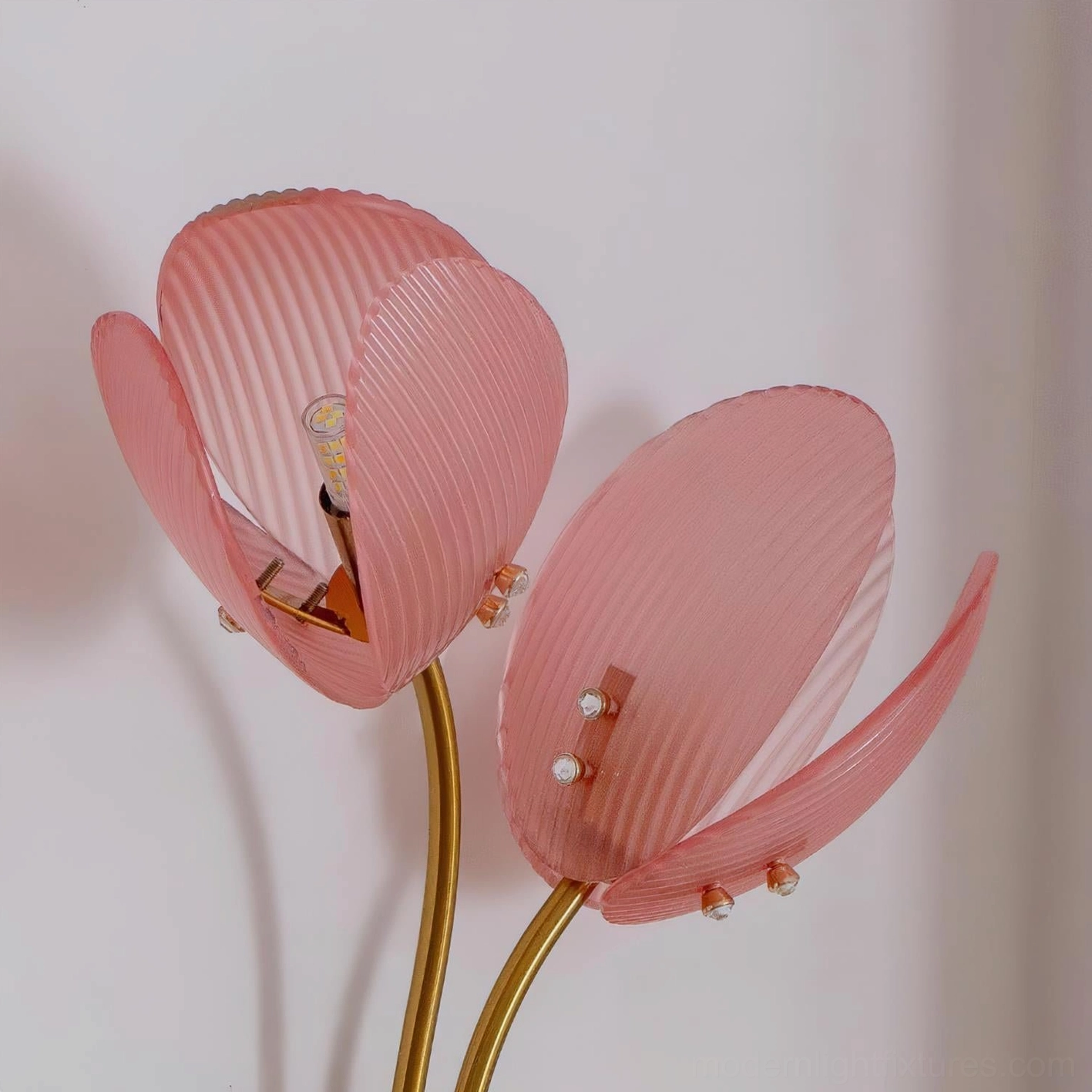 Bright pink ribbed petals of Calyssa wall sconce with polished brass stems and decorative pearl beads, front close-up