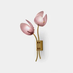 Calyssa dual-tulip wall sconce with dual ribbed glass shades in polished brass gold finish, front studio view